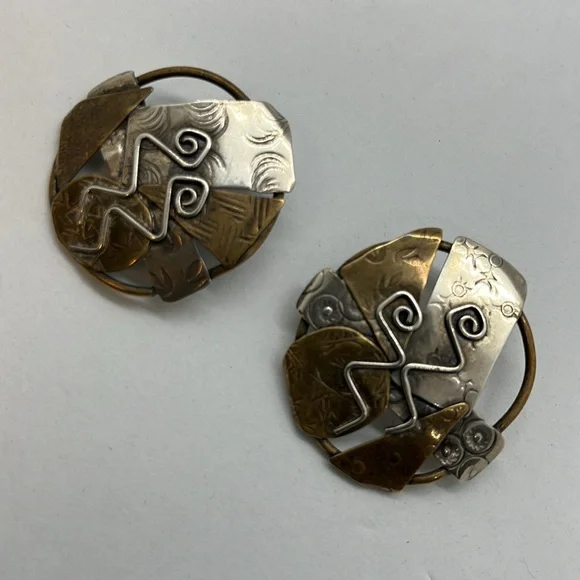 Brutalist artisan silver and brass post earrings - Picture 2 of 7